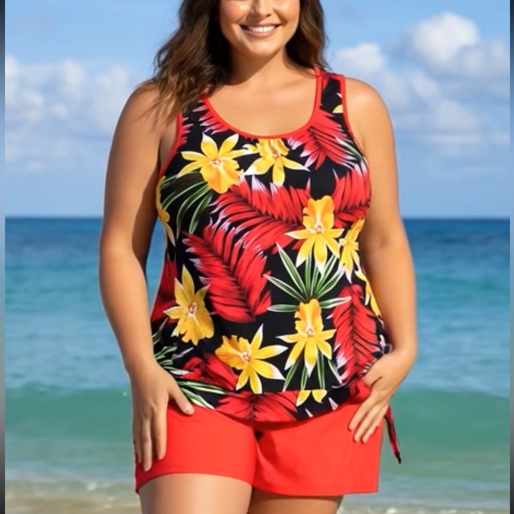 New 2 Piece Swim Tankini Set, tropical red #SW-T2-0014